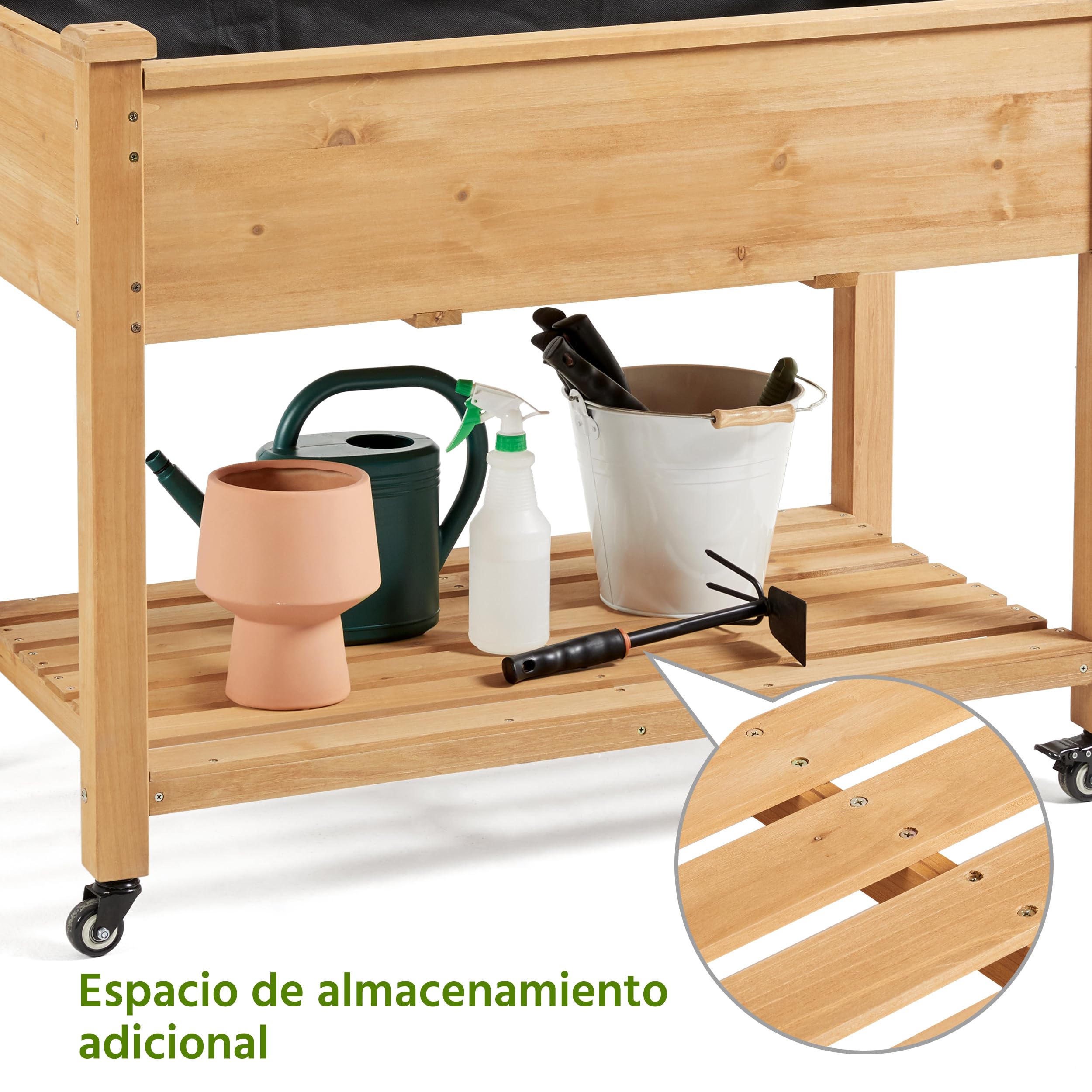 Yaheetech Huerto Urbano Elevado de Madera de Abeto Mesa de Cultivo de 2 Niveles con Ruedas Desmontables, Forro no Tejido, Ideal para Flores y Vegetales Marrón Claro 105 x 56 x 83 cm