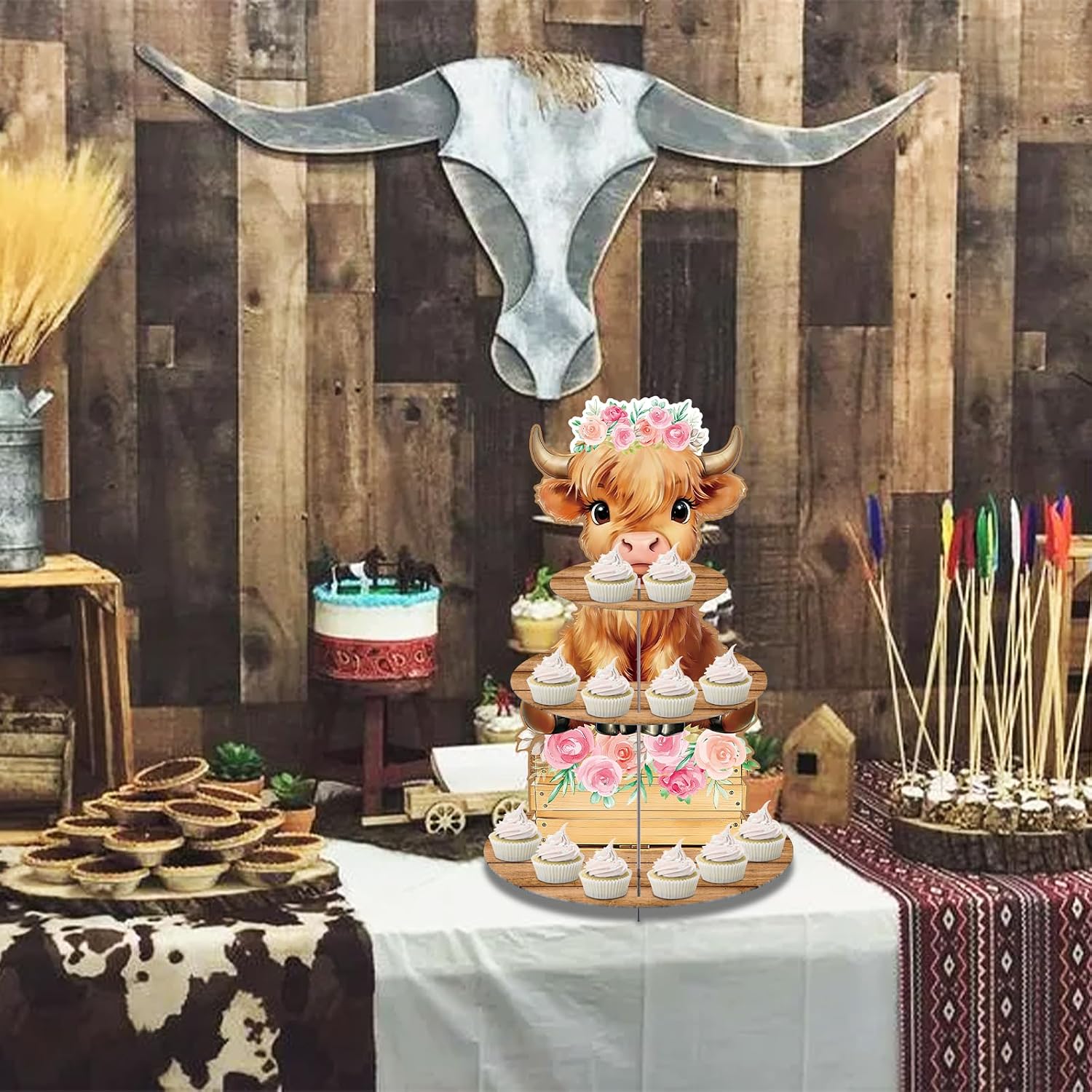 Gistome 3-Tier Highland Cow Cupcake Stand – Floral Farm Cow Dessert Display Holder for Cow Birthday Party, Baby Shower, Farm Theme Party, and Country Celebration Decorations
