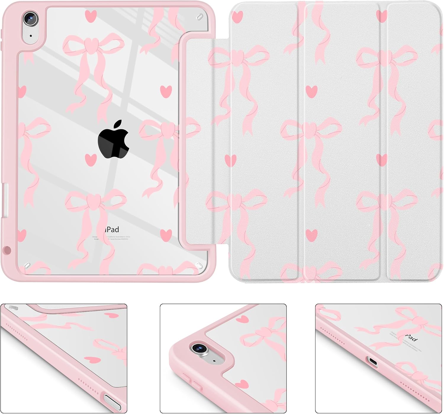 Case for iPad 11 inch A16 2025 Generation 11th / iPad 10.9 inch 2022 10th Gen, Buit in Pencil Holder with Shockproof Cover Clear Transparent Back Shell Auto Wake/Sleep, Trendy Bow