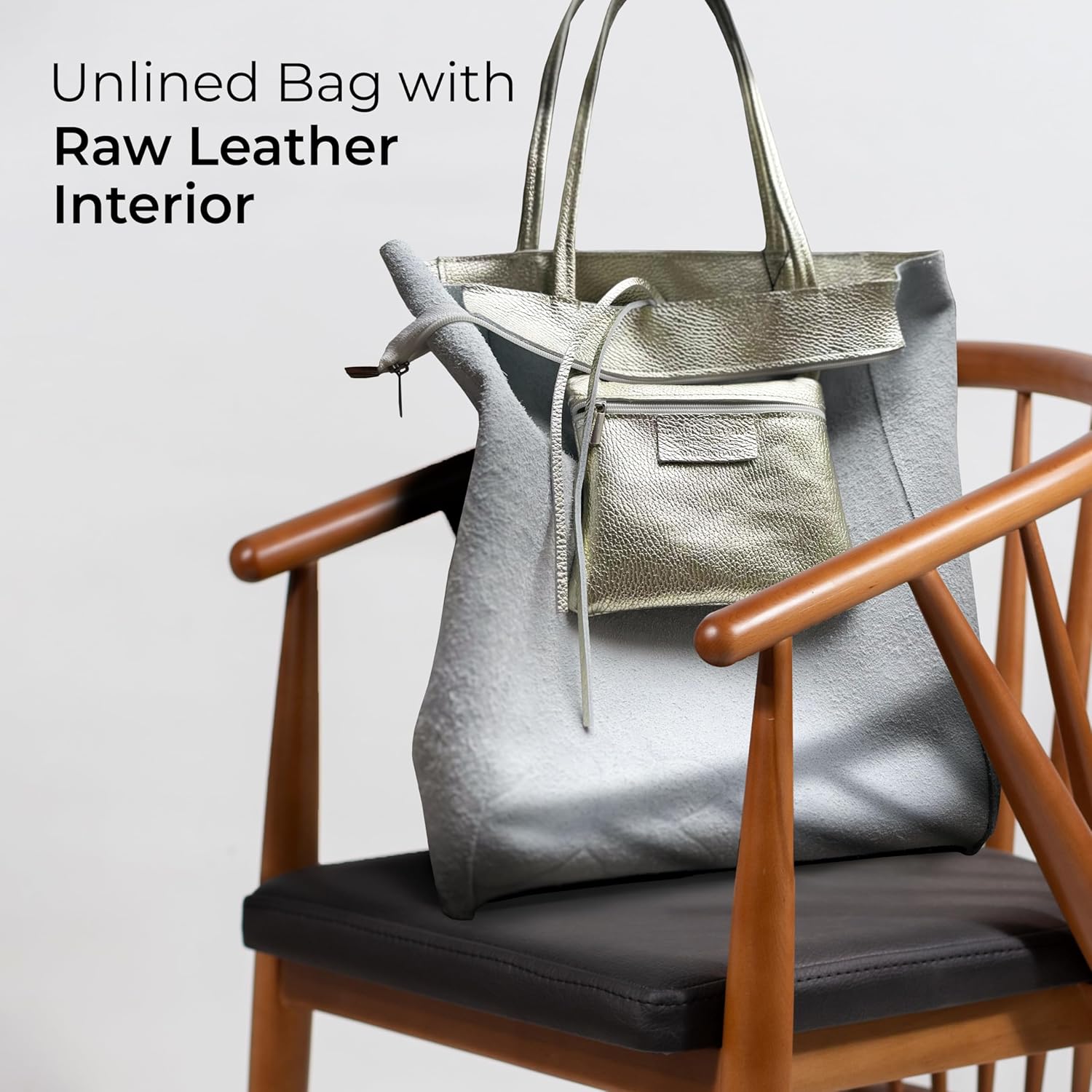 Italian Metallic Calf Leather Tote Bag for Women with Zipper, Inner Pocket & Flat Base | Soft Unlined Shopper Handbag - Image 7