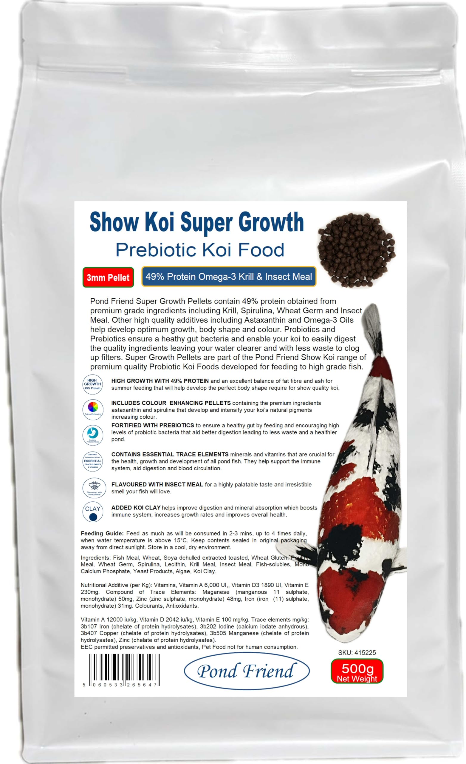 Pond Friend Show Koi Super Growth Pond Pellets 500g 3mm High Protein 49% Floating Fish Food Fortified With Prebiotics That Feed Probiotic Bacteria Aiding Digestion & Immune System Health
