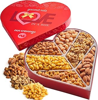 NUT CRAVINGS - Valentines Day Mixed Nuts Heart Shaped Gift Basket, Love in A Box (6 Assortments) Romantic Food Arrangement, Healthy Snack Care Package, Food Assortments