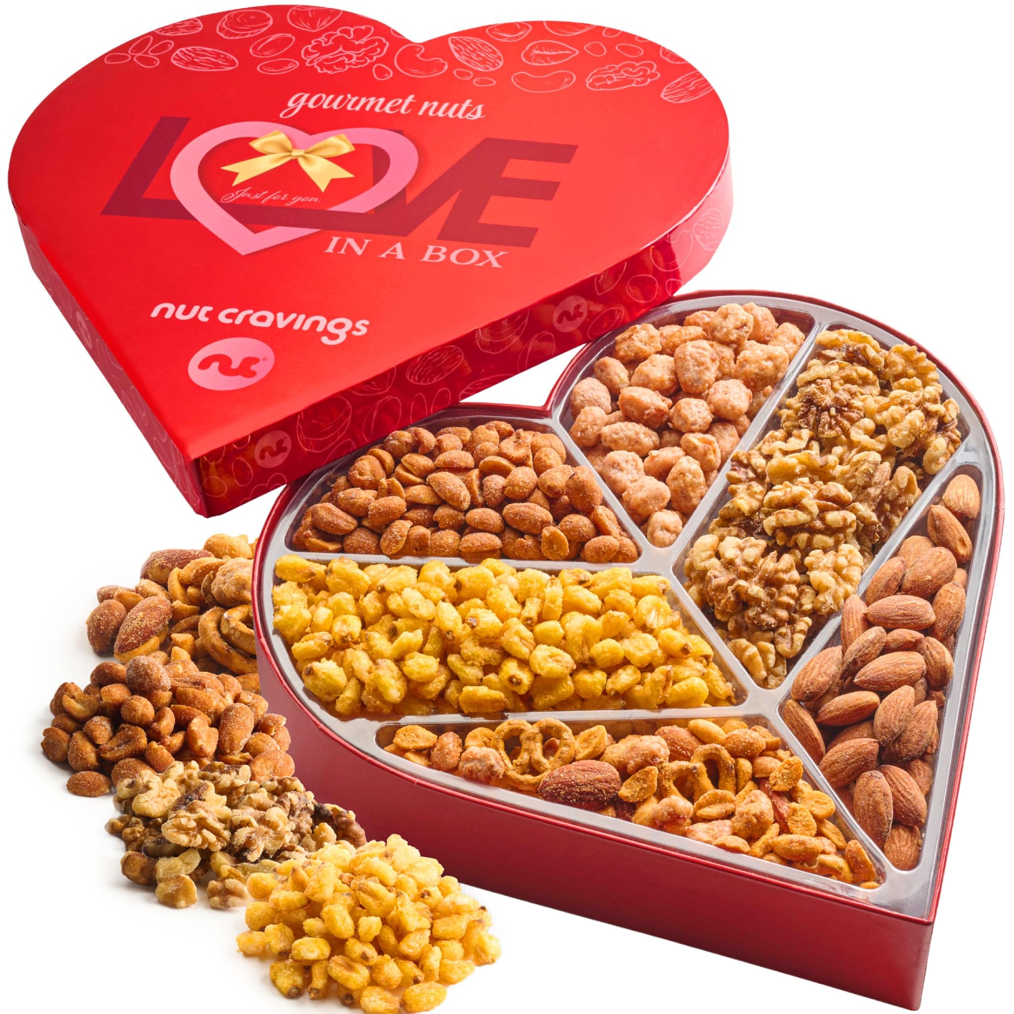 NUT CRAVINGS - Valentines Day Mixed Nuts Heart Shaped Gift Basket, Love in A Box (6 Assortments) Romantic Food Arrangement, Healthy Snack Care Package, Food Assortments