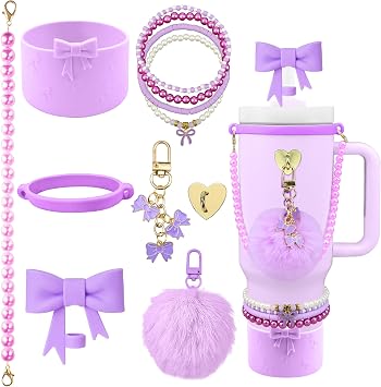 11PCS Charms of Stanley Cup Accessories 30/40 OZ Water Bottle Tumbler Accessories Set Pearl Bow Charms for Stanley Decorations Including Bow Straw Topper, Pom Pom Keychain, Tumbler Boot