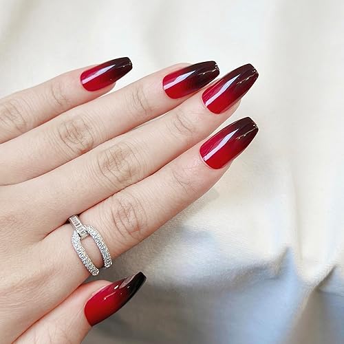 Miniatura 3 de Fantasticlady Uñas adhesivas degradadas medianas, Navidad, rojo vino y negro degradado, puntas de ataúd, kit de uñas de verano reutilizables
