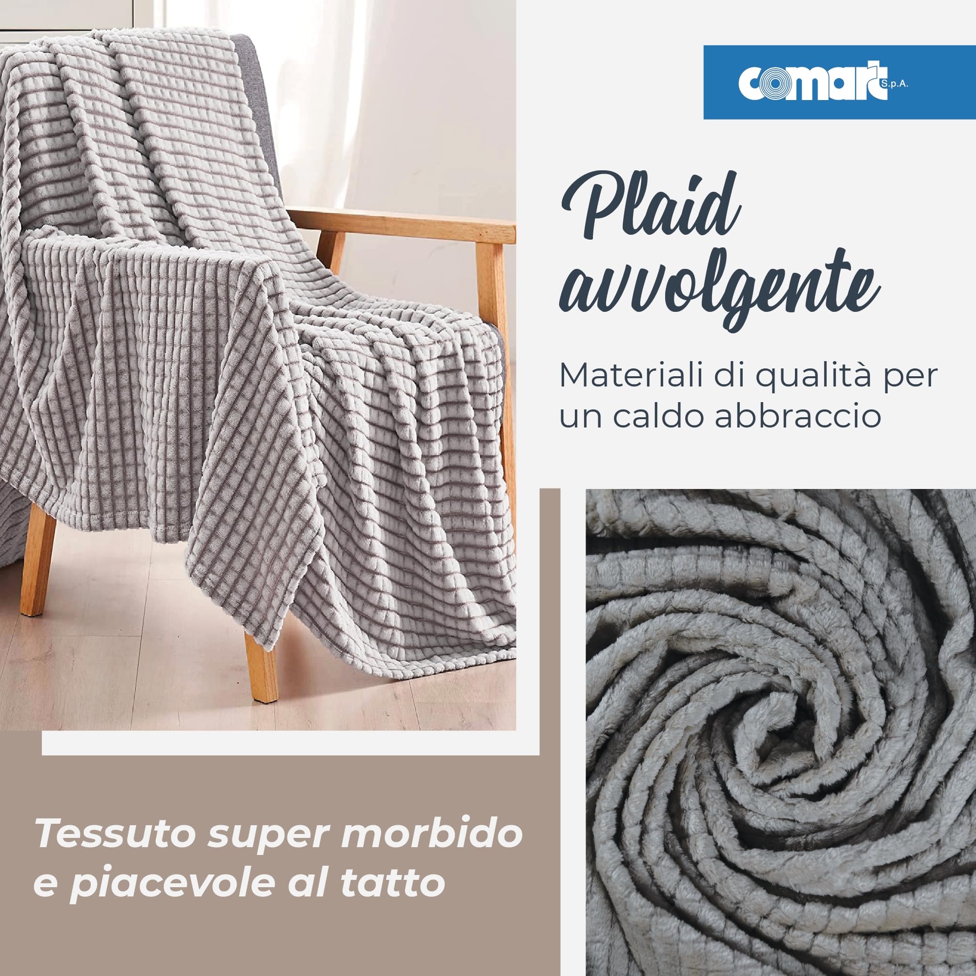 Comart - Plaid Waffle - 200x220 cm - Effetto Pile - Coperta Grande XXL - per Divano, Letto Singolo e Matrimoniale - Plaid Caldo e Super Morbido - per Tutte le Stagioni - Lavabile in Lavatrice - Grigio