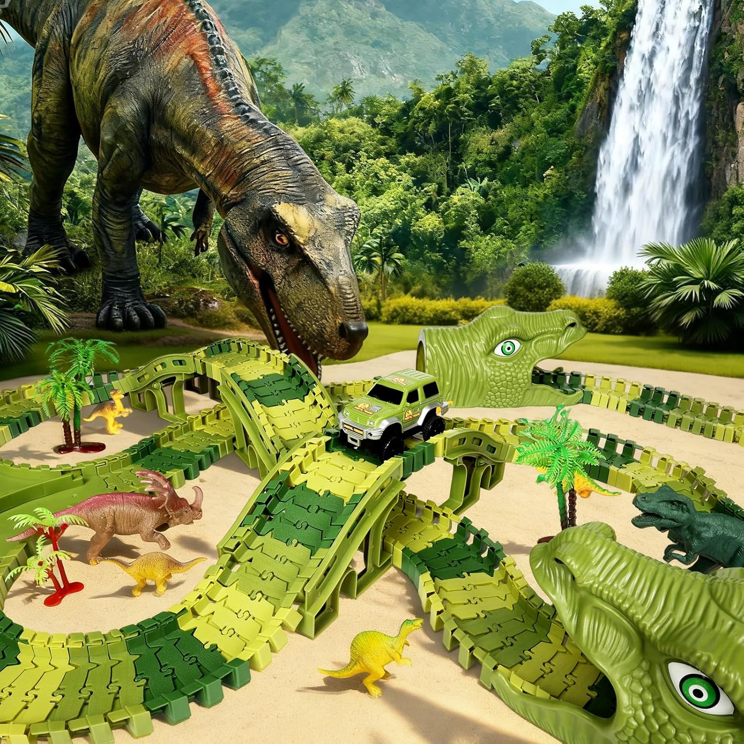 Dinosaur Track Toys, 266 PCS Dinosaur Toys for Kids 3-5 Create A Dinosaur World Road Race Tracks, 2 Dinosaur Cars Flexible Train Track Set, Birthday Gifts 3 4 5 6 7 Year Old Boys Girls