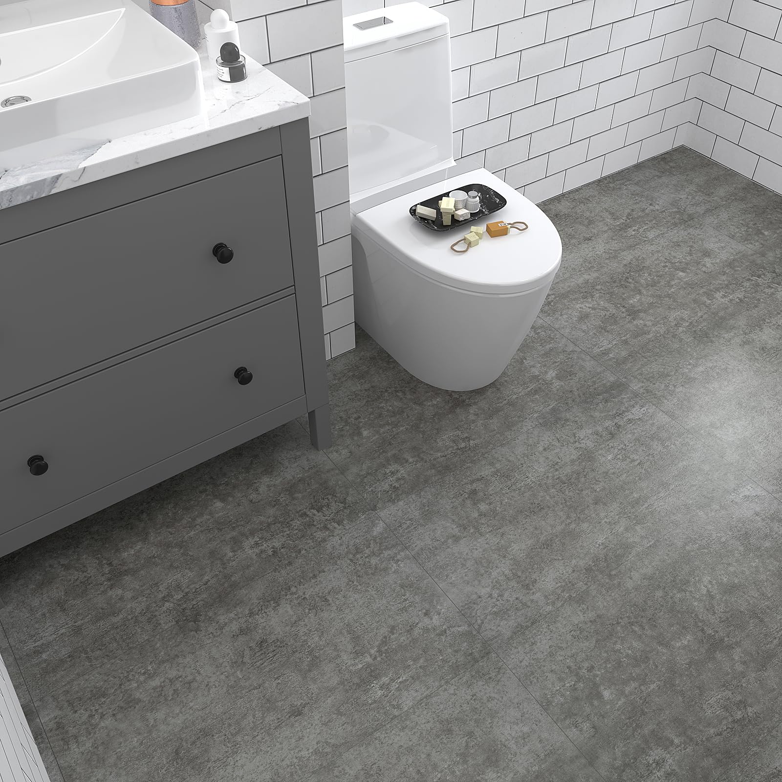 VEELIKE Suelo Vinilo Autoadhesivo Gris Vintage Vinilo Suelo Cocina Adhesivos Pegatinas de Baldosas Suelo Vinilico Cemento Papel Adhesivo para Azulejos Baño Habitación Salon 1,5mm 60cm×30cm 24 Piezas