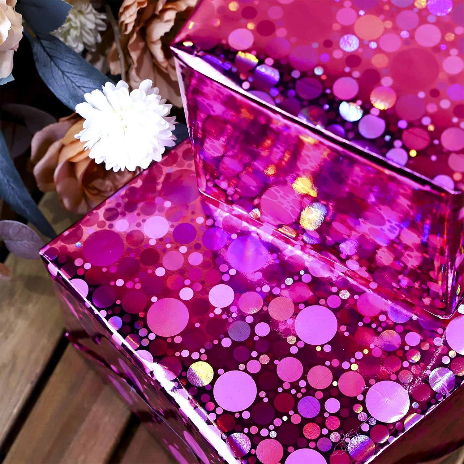 LeZakaa Pink Holographic Wrapping Paper Roll, Shiny Polka Dot Metallic Foil for Birthday, Valentines, Mothers Day, Wedding, Bridal Shower, Graduation, Christmas, Mini Roll 17 in x 32.8 ft image 2
