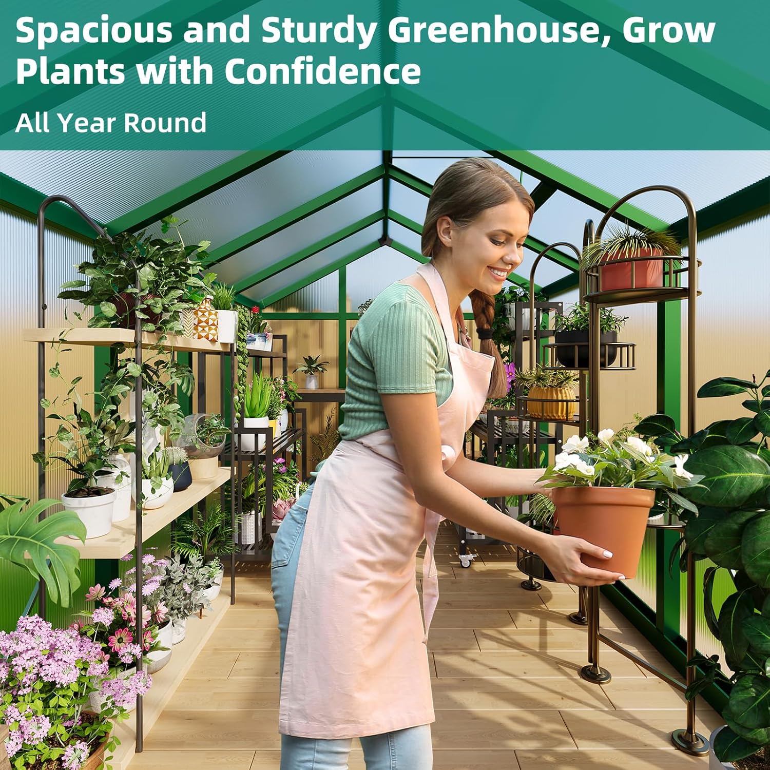 6x10 ft Greenhouse, Aluminum Frame & Polycarbonate Panel Greenhouse for Outdoors, Green House with Adjustable Roof Vent & Sliding Door, Durable Walk-in Green Houses for Backyard, Patio, Lawn