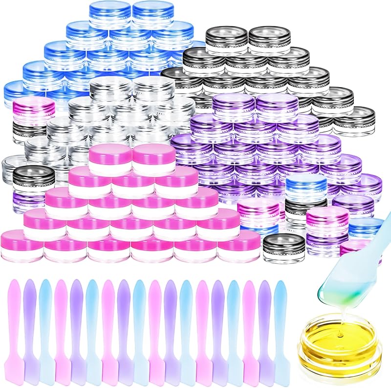 MotBach Frascos Plásticos Redondos Recarregáveis com Tampas Coloridas e Espátulas, 100 Unidades