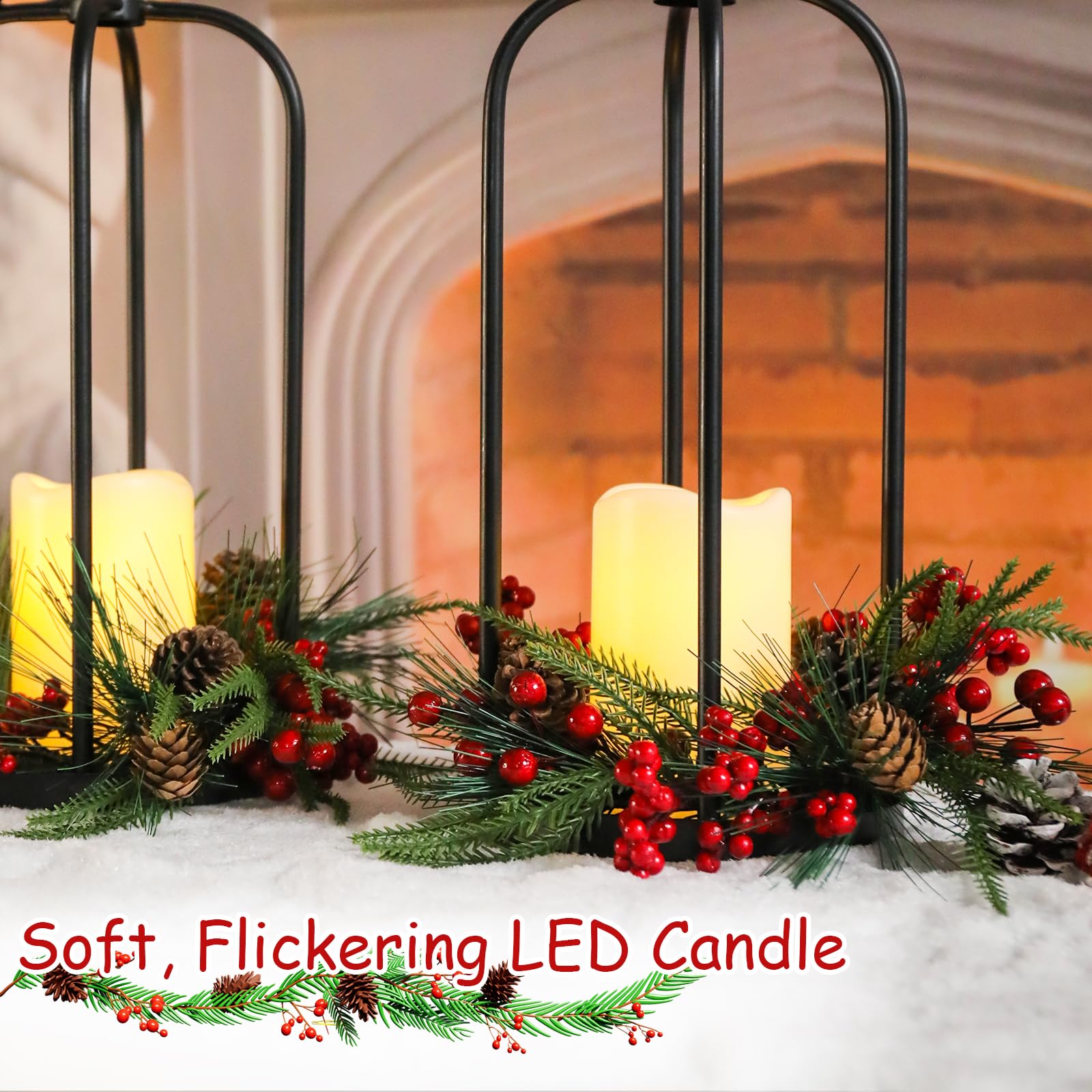 Bdor Juego de 2 faroles de Navidad, portavelas de metal colgante de 14 pulgadas de alto con conos de pino, bayas y vela LED sin llama, centro de mesa de vacaciones para decoración interior del hogar