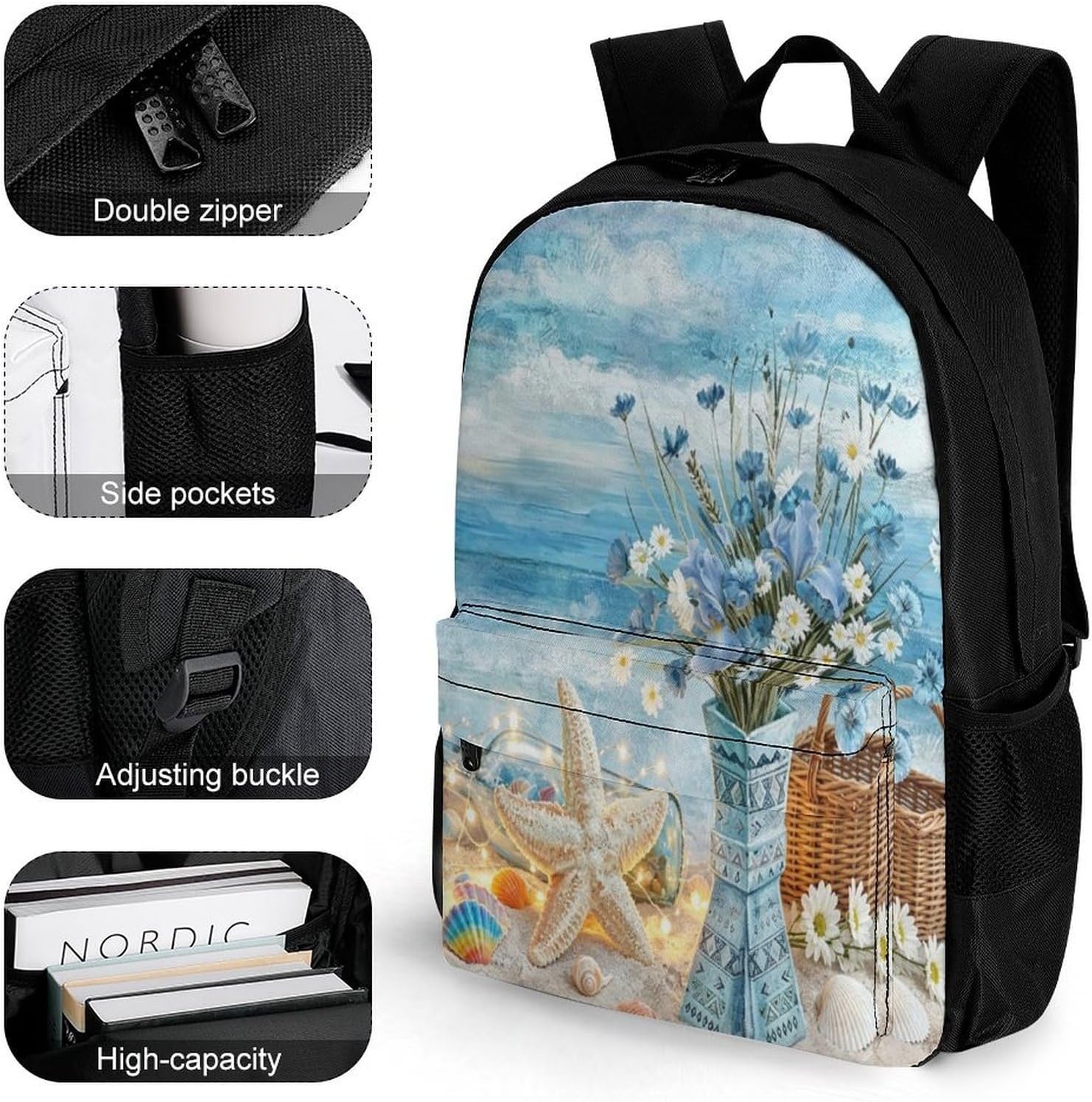 Coastal Daisy Backpack Daypack Travel Backpack | Lightweight Casual Laptop Backpack for Women Men Aesthetic Travel Bag for Weekender Business Hiking Outdoor