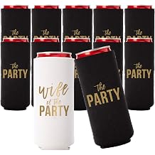 Wife of the Party and The Party Bachelorette Can Coolers - Set of 12, Perfect for Decorations and Bridesmaid Gifts Black, Slim