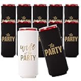 Wife of the Party and The Party Bachelorette Can Coolers - Set of 12, Perfect for Decorations and Bridesmaid Gifts (Black, Slim)