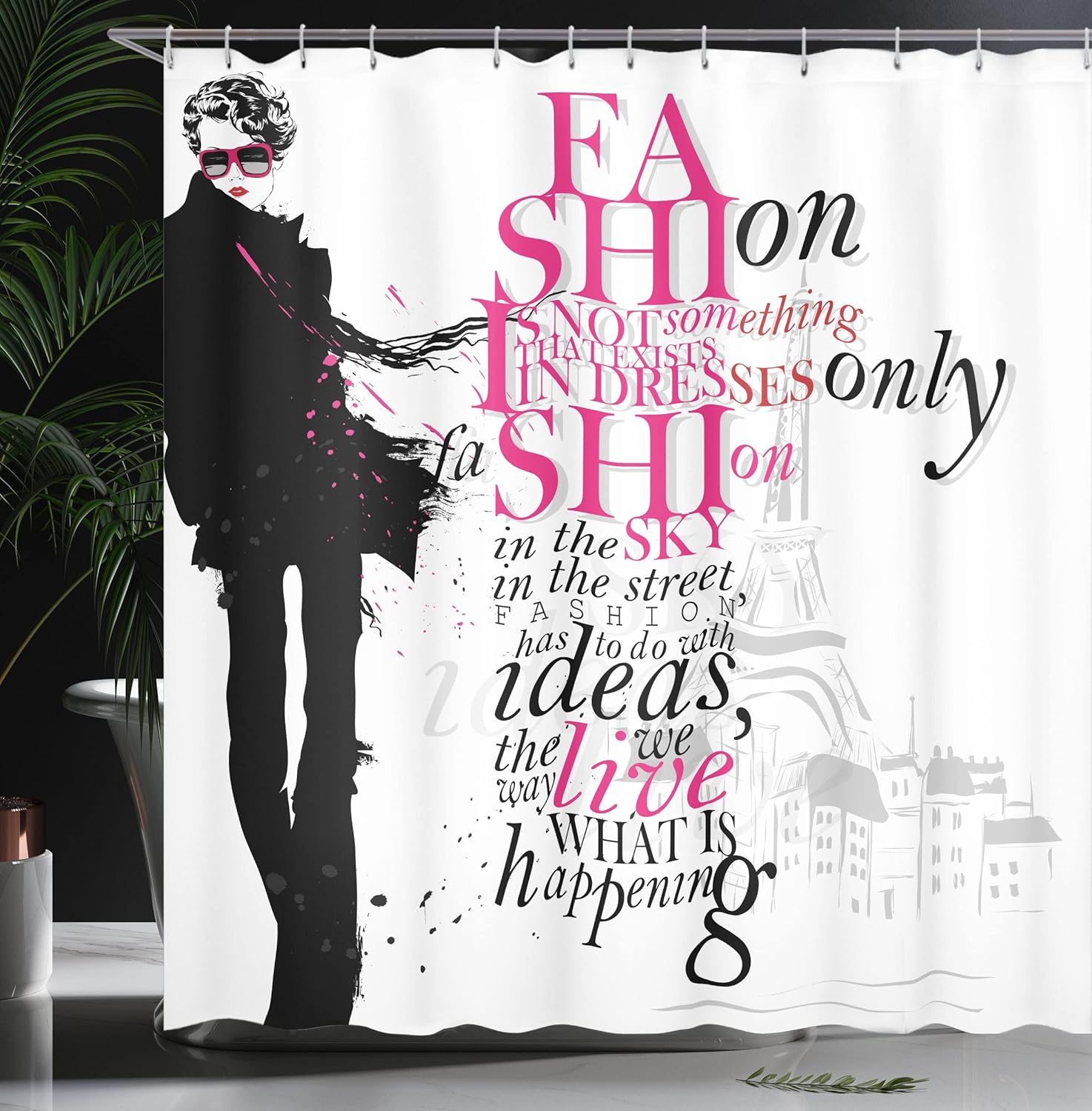 Ambesonne Eiffel Tower Shower Curtain, Woman in Paris in Autumn Inspirational Words Vogue Theme Art Print, Cloth Fabric Bathroom Decor Set with Hooks, 69" W x 70" L, Black Pink