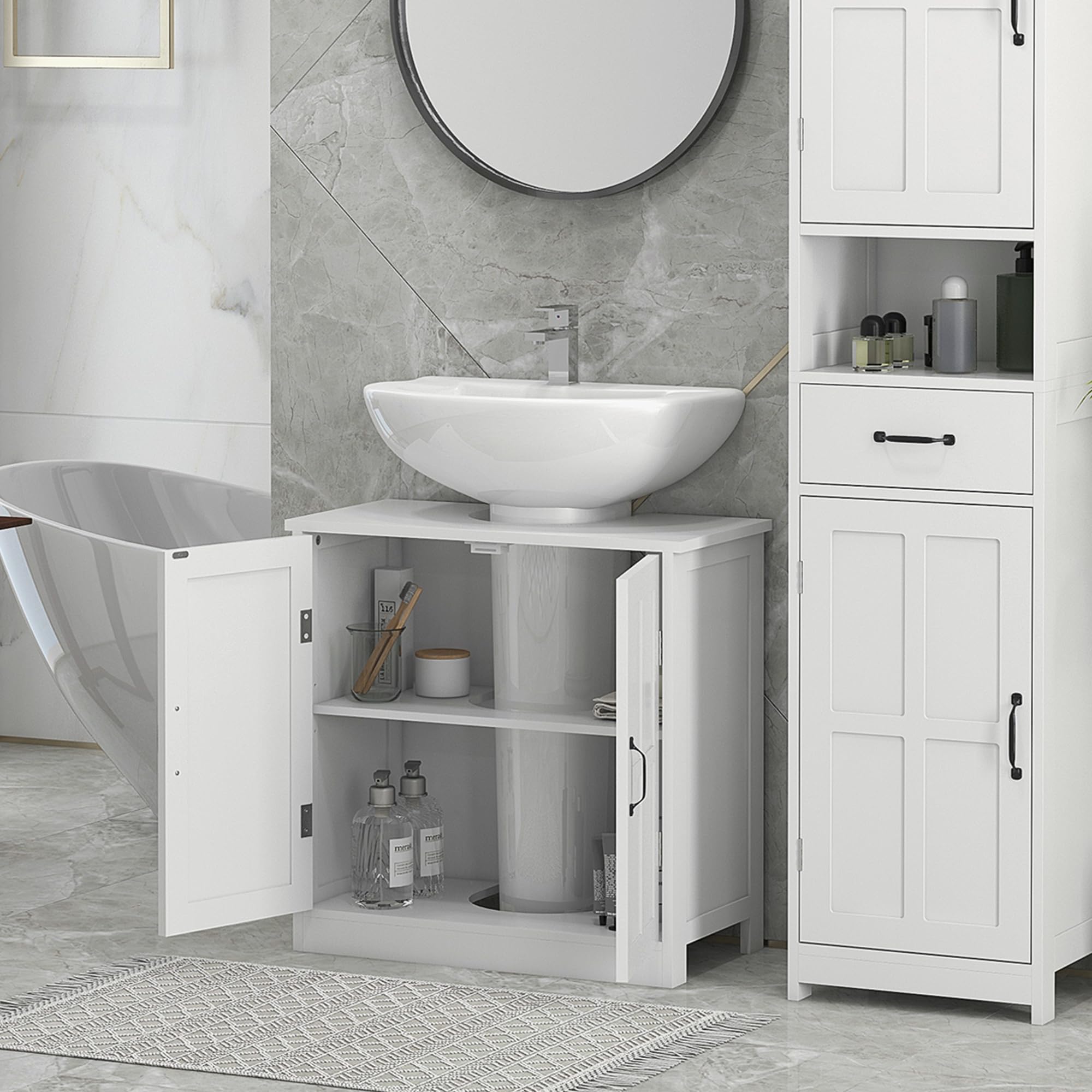 kleankin Mueble para Debajo del Lavabo, Mueble Baño 60x30x60 cm Blanco | Armario Bajo del Lavabo, Estante Ajustable, Puerta Doble, Carga 20 kg