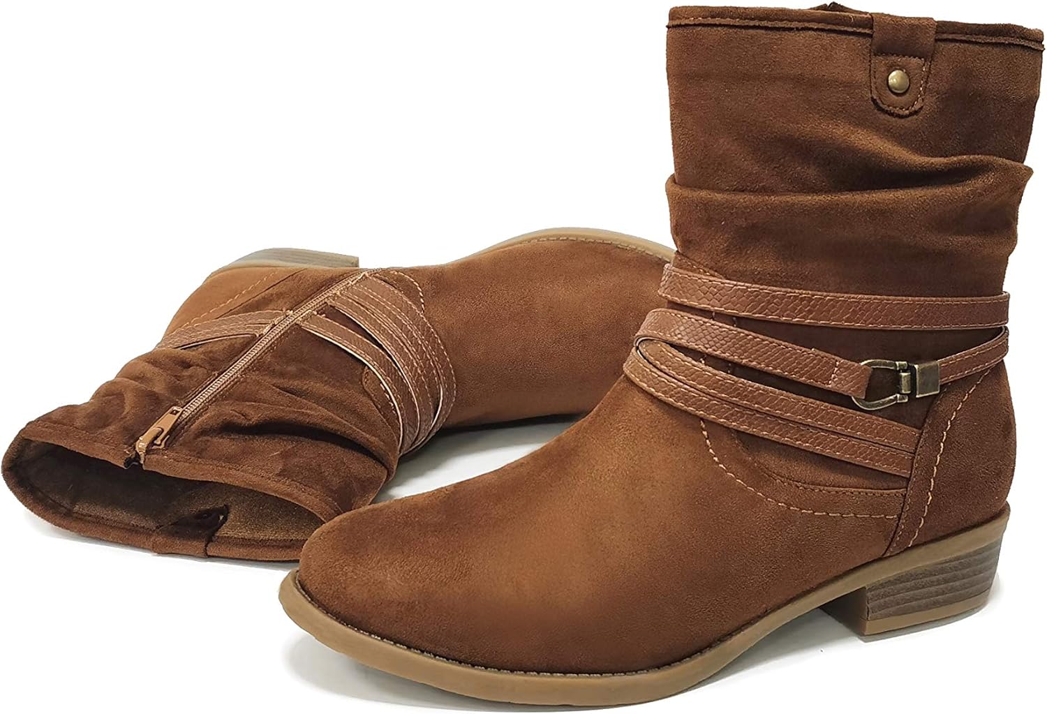 VJH confort Women's Mid Calf Boot,Round Toe Low Heel Comfort Slouchy Bootie with Side Zipper Buckle Strap - Image 6