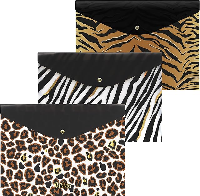 Pukka Pad Wild A4 Stud Wallets  Storage Folder for Files, Documents, Keepsakes, and More  23.5 x 32cm  Pack of 3 Assorted Animal Print Designs