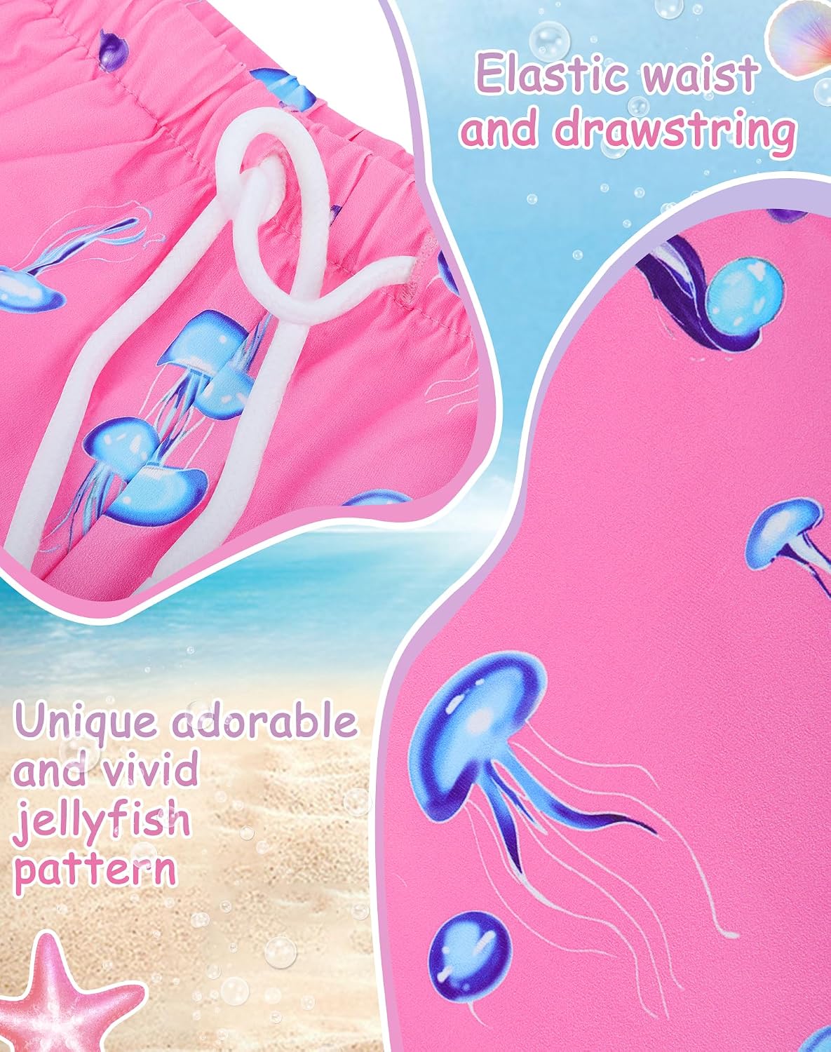 UPTRIS Girls Swim Shorts Beach Board Short with Mesh Liner Quick Dry Summer | Jellyfish Pattern Swimming Trunks Swimsuit with Pockets Surfing, Beach, Vacation and Holiday for Toddler Baby girl