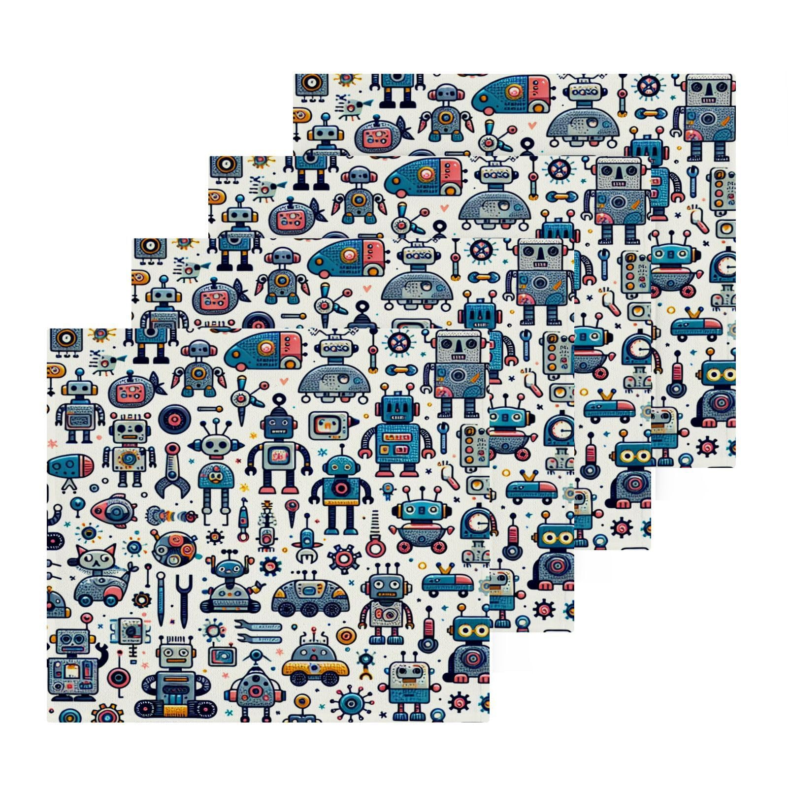 Flradish 4 Pack Cute Robot Pattern Pure Cotton Washcloths 12 x 12 Inch Reusable Absorbent Soft Cotton Face Towels Fingertip Towels Set for Gym Towels,Hotel and Spa