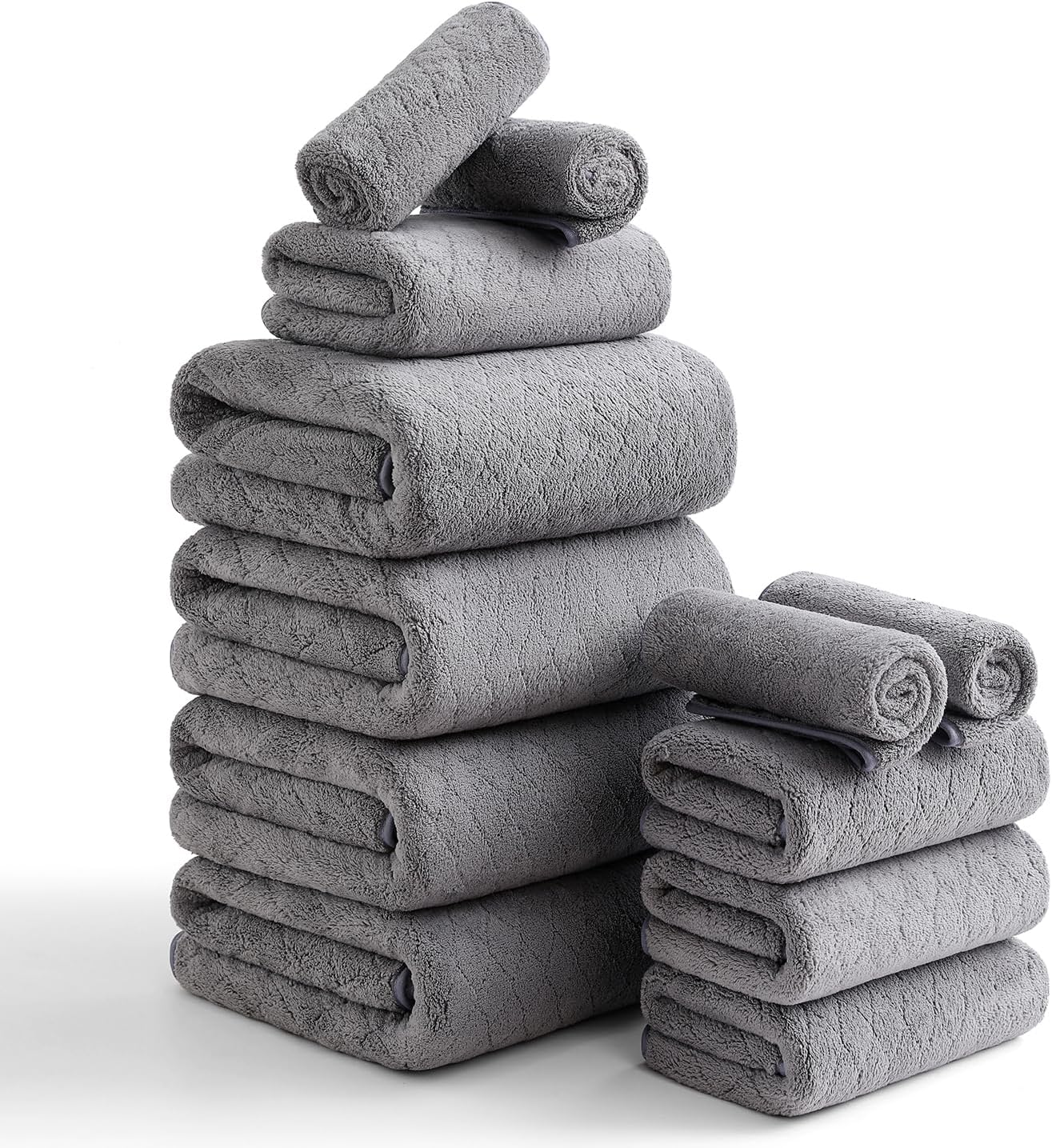 Luxury Bath Towels Set - 12 Piece (4 Bath Towels,4 Hand Towels,4 Washcloths), 100% Microfiber,Extra Absorbent Super Soft & Quick Dry,Complete Family Pack for Bathroom Gym Pool,Grey