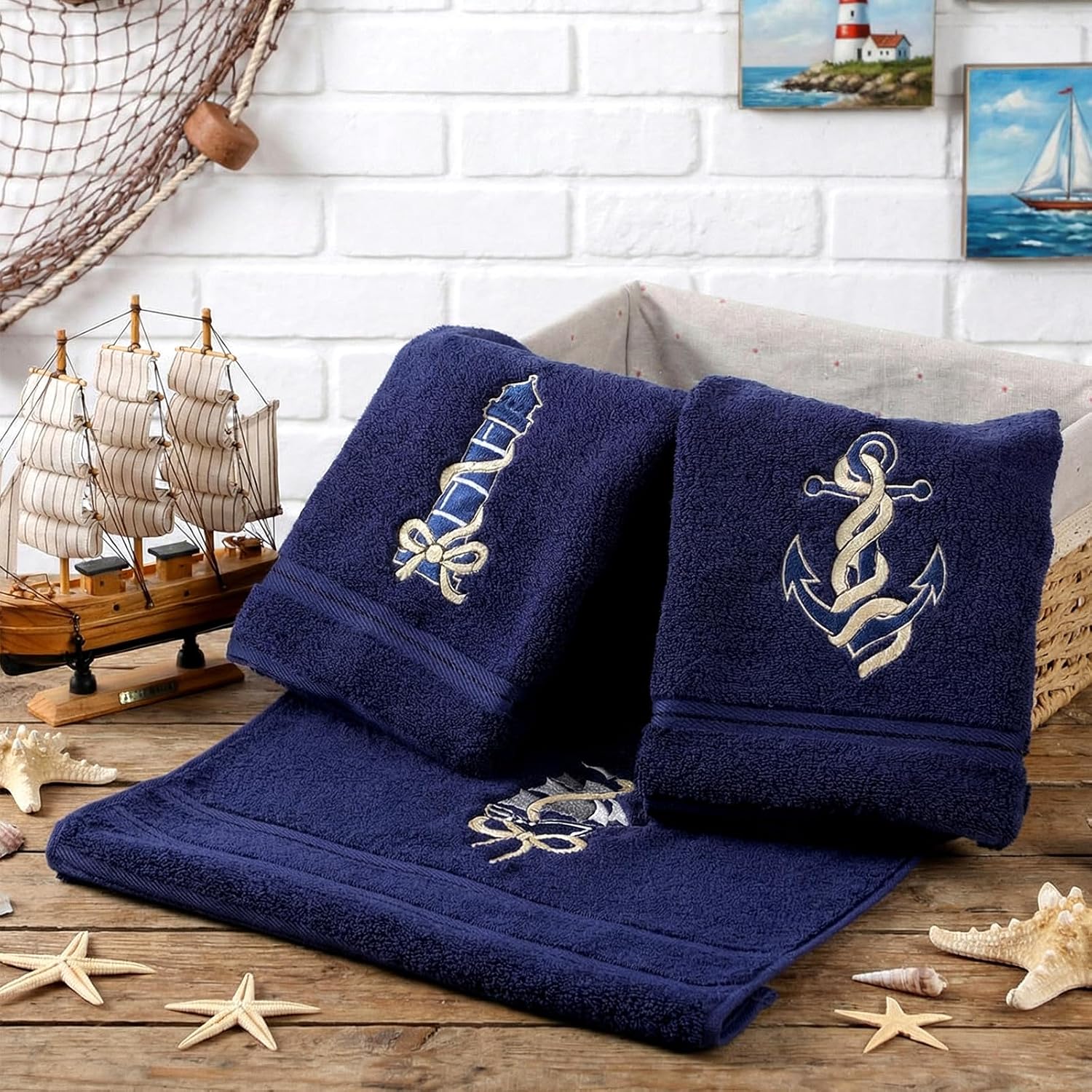 Hahafelt 3 Pack Coastal Nautical Hand Towels for Bathroom 100% Cotton Embroidered Anchor Sailboat Lighthouse Beach Bathroom Towels 13.78 x 29.53 Inch Soft Absorbent, Navy Blue