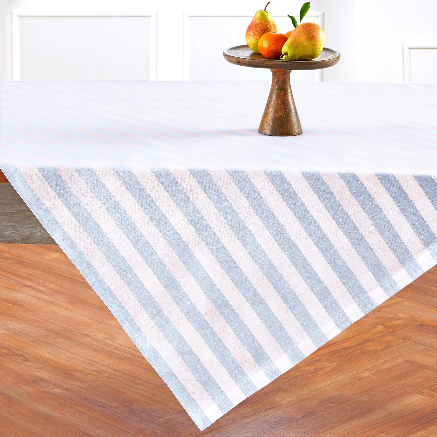 Solino Home Linen Square Tablecloth 52 x 52 Inch - Sorrento Stripe, 100% Pure Linen Blue and White Table Throw - Machine Washable Tablecloth for Spring, Summer