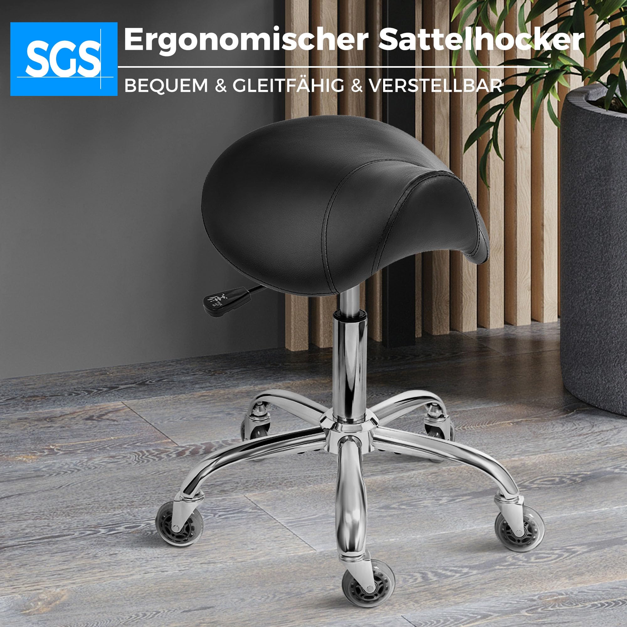 BEWISHOME Sattelhocker mit Rollen,Schwenkbarer,Verstellbarer Rollhocker, strapazierfähiges PU-Leder mit breitem Sitzpolster, ergonomisch für Schönheitssalons, Spas und Kliniken (Schwarz), EBMD01B