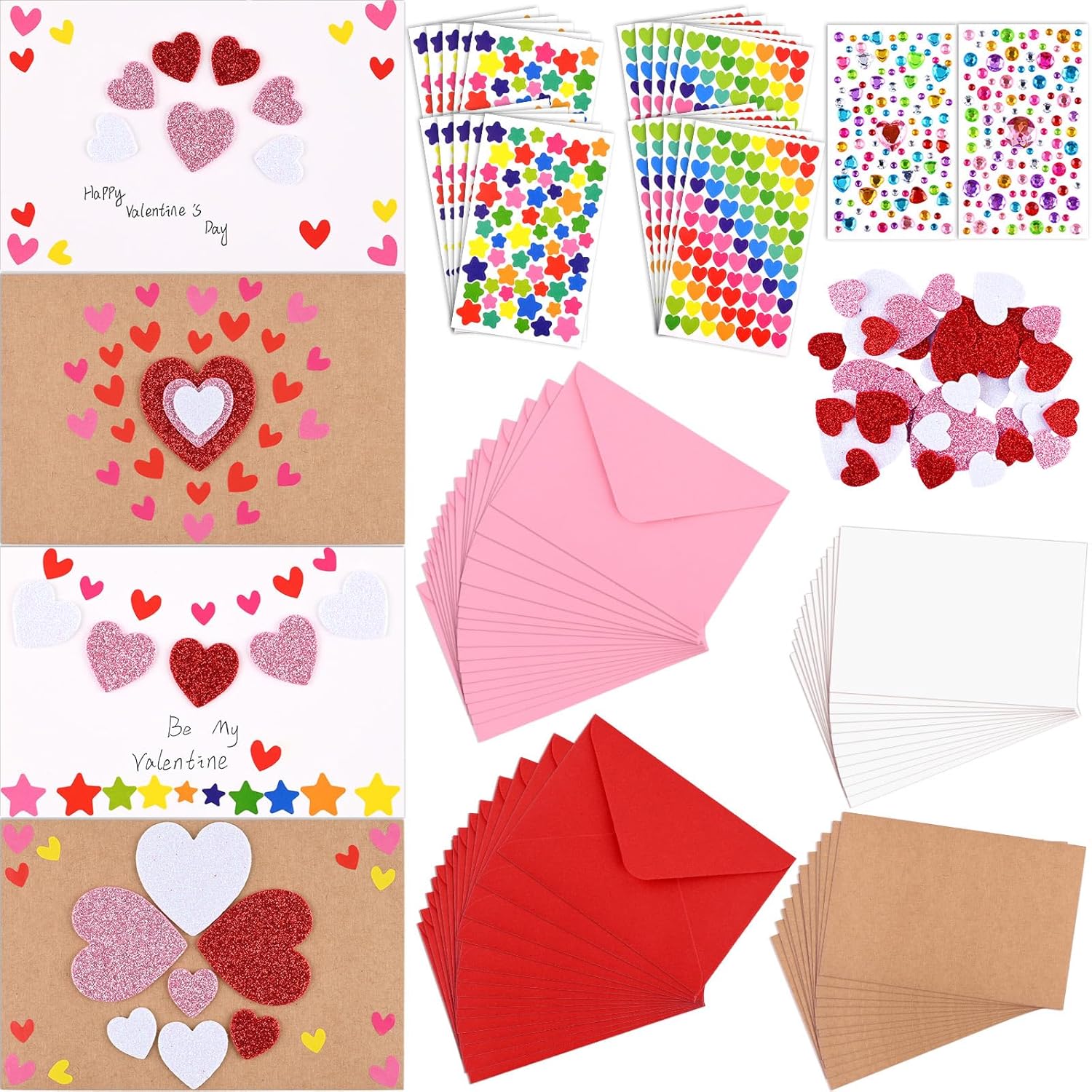 Valentine's Day DIY Paper Craft Kit Including Valentines DIY Card Envelopes with Heart Star Stickers for Kids for Valentines Party Classroom Activity Craft Supplies