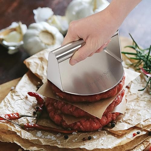 Miniatura 5 de Press N Sear Prensa de hamburguesa de acero inoxidable resistente de 5.5 pulgadas, trituradora de hamburguesas redonda para parrilla plana, kit de