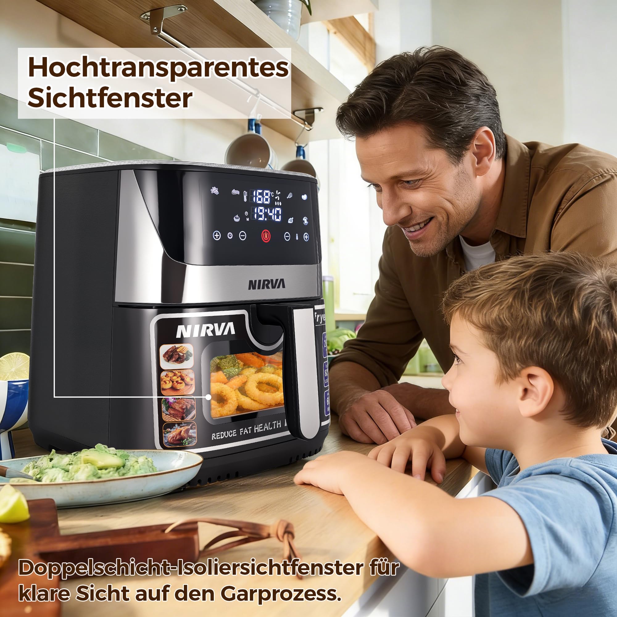 Nirva Heißluftfritteuse 8,5 L, ölfrei, 1700W große Airfryer, Rösten, Backen, Air Fry, Antihaftbeschichtet, Spülmaschinenfester Korb, Sichtfenster, Schwarz/Edelstahl, Für Einzelpersonen oder Familien