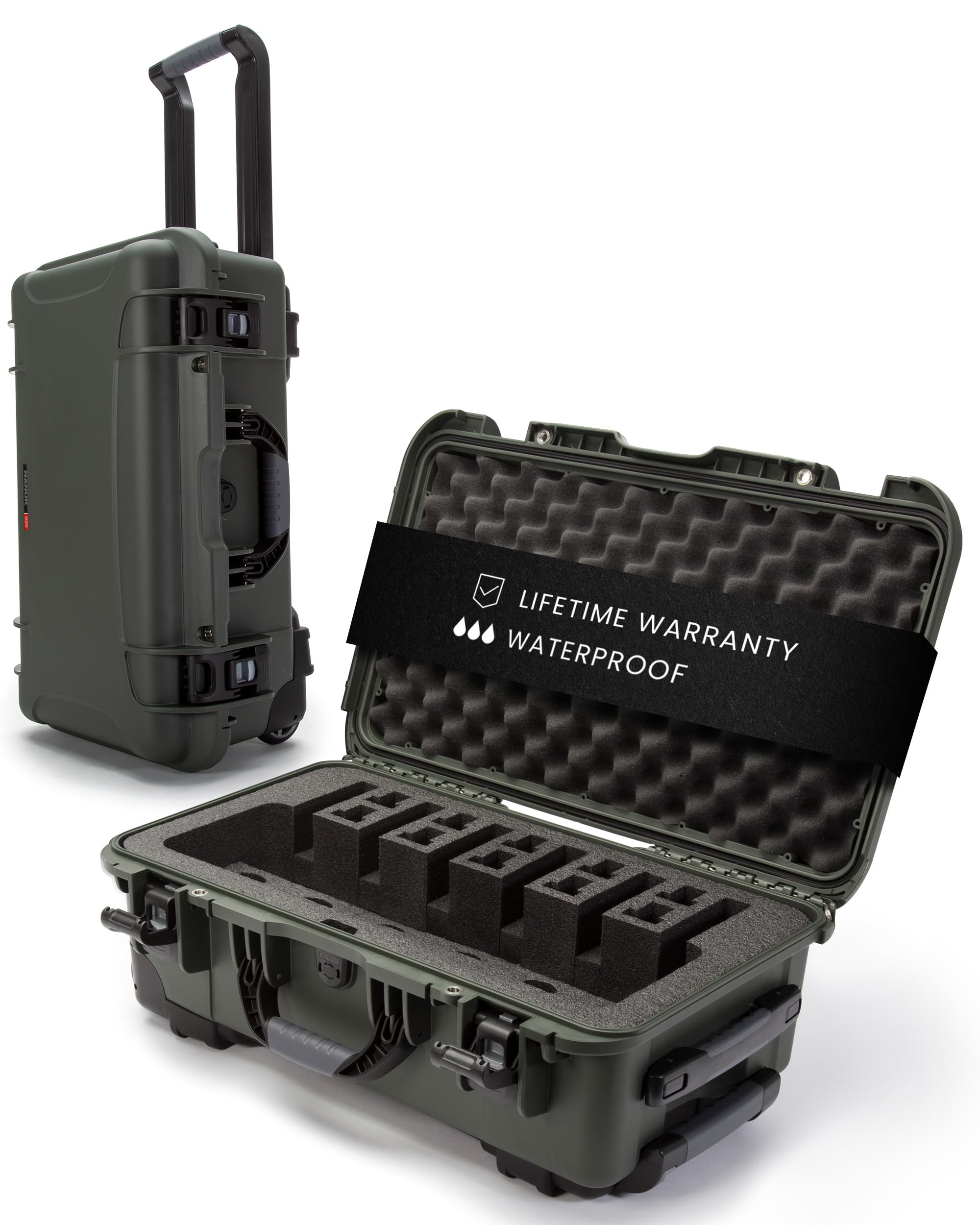 NANUK 935 Hard Case with Wheels and 6 UP Custom Foam Insert, IP67 Waterproof & Crushproof, Rugged Construction for Ultimate Protection, Made in North America – Olive (22” x 14” x 9”)