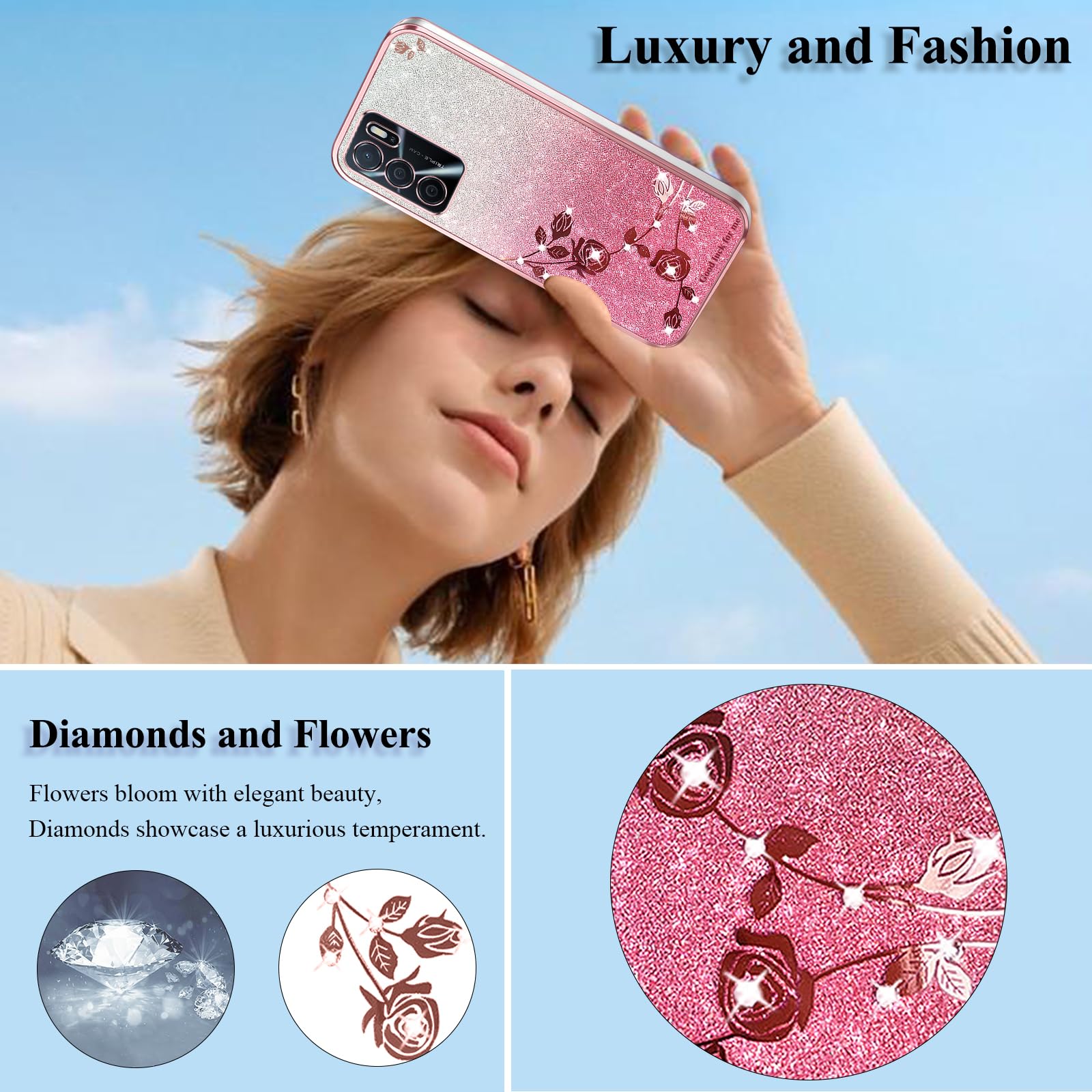 Cover Per OPPO A53s In Silicone Rosa Con Glitter | Custodia Trasparente Morbida E Sottile, Regalo Donna - 2