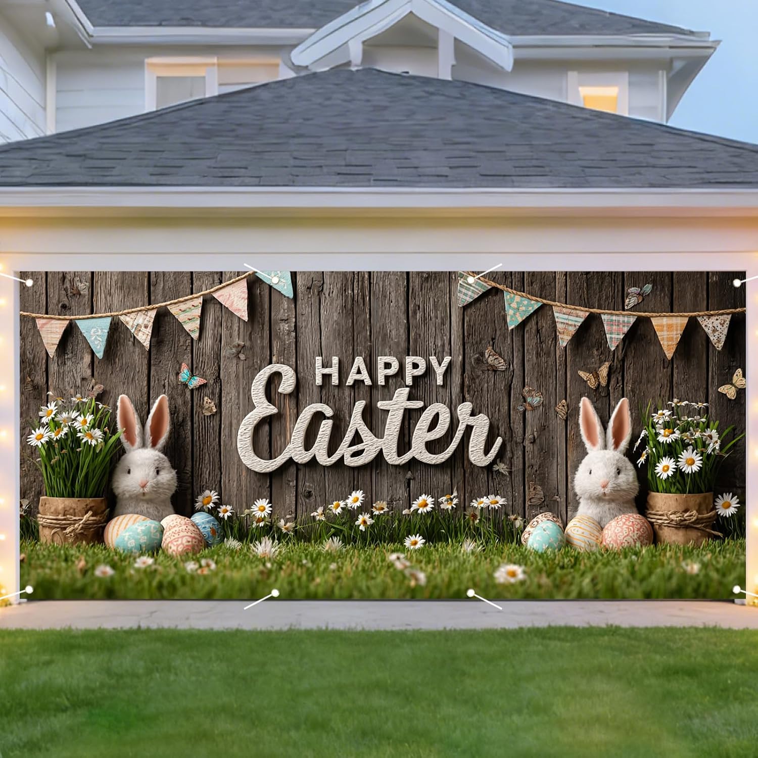 Nuxovilar Easter Garage Door Cover Bunny Daisy Egg Decoration Polyester 157.48x70.87 Inches Easter Garage Door for Outdoor Garage Home Party