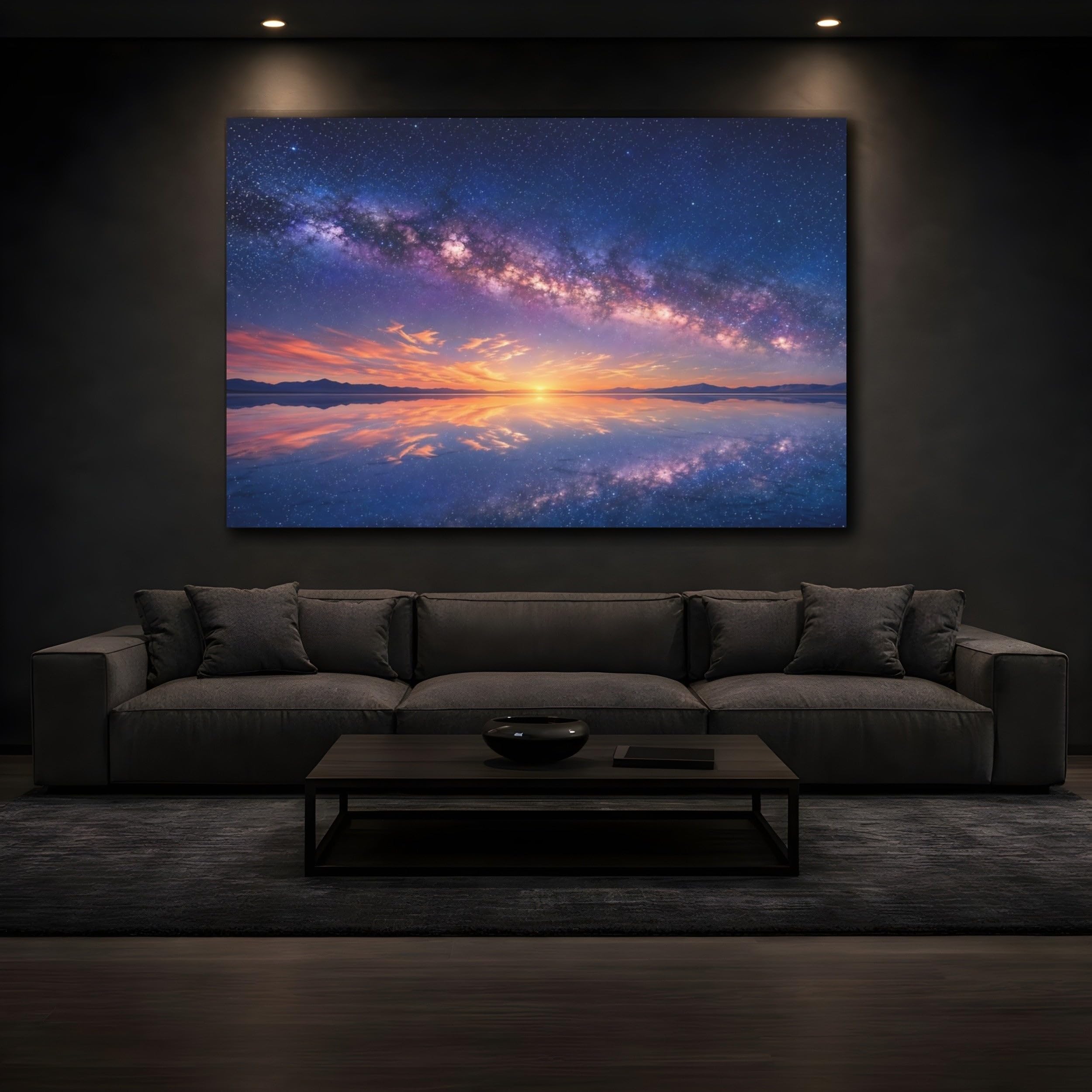 Nature Milky Way Reflection Canvas Wall Art Print – Photorealistic Living Room, Above Fireplace 24×16 inch (60×40 cm) - Horizontal / 1.25 inch (3 cm)