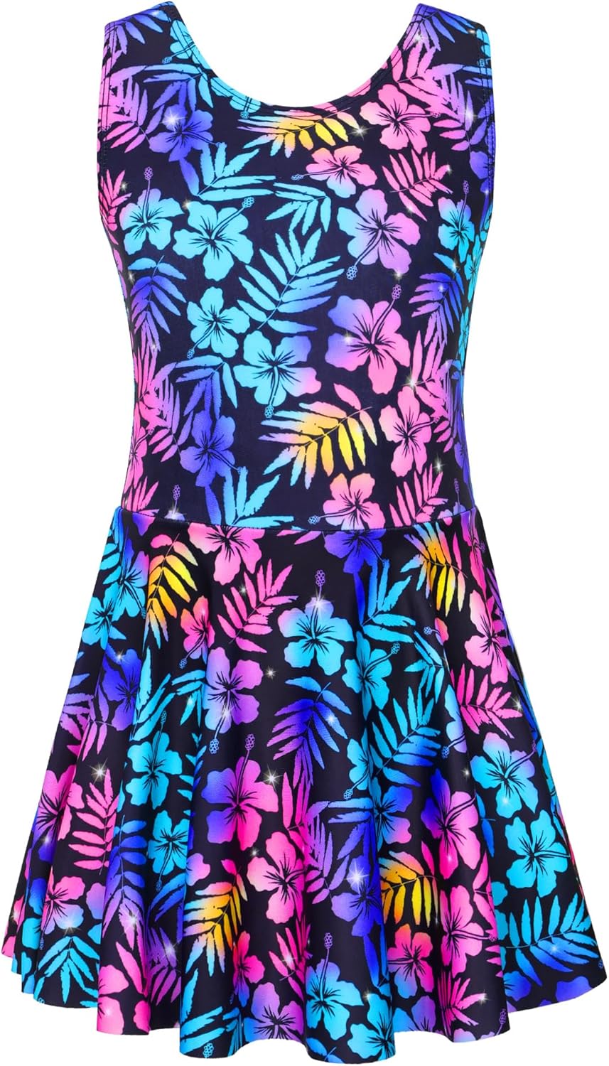 Girls Swimsuits Kids One Piece Sleeveless Swimwear Skirted Bathing Suit Summer Swim Dress with UPF 50+ Sun Protection