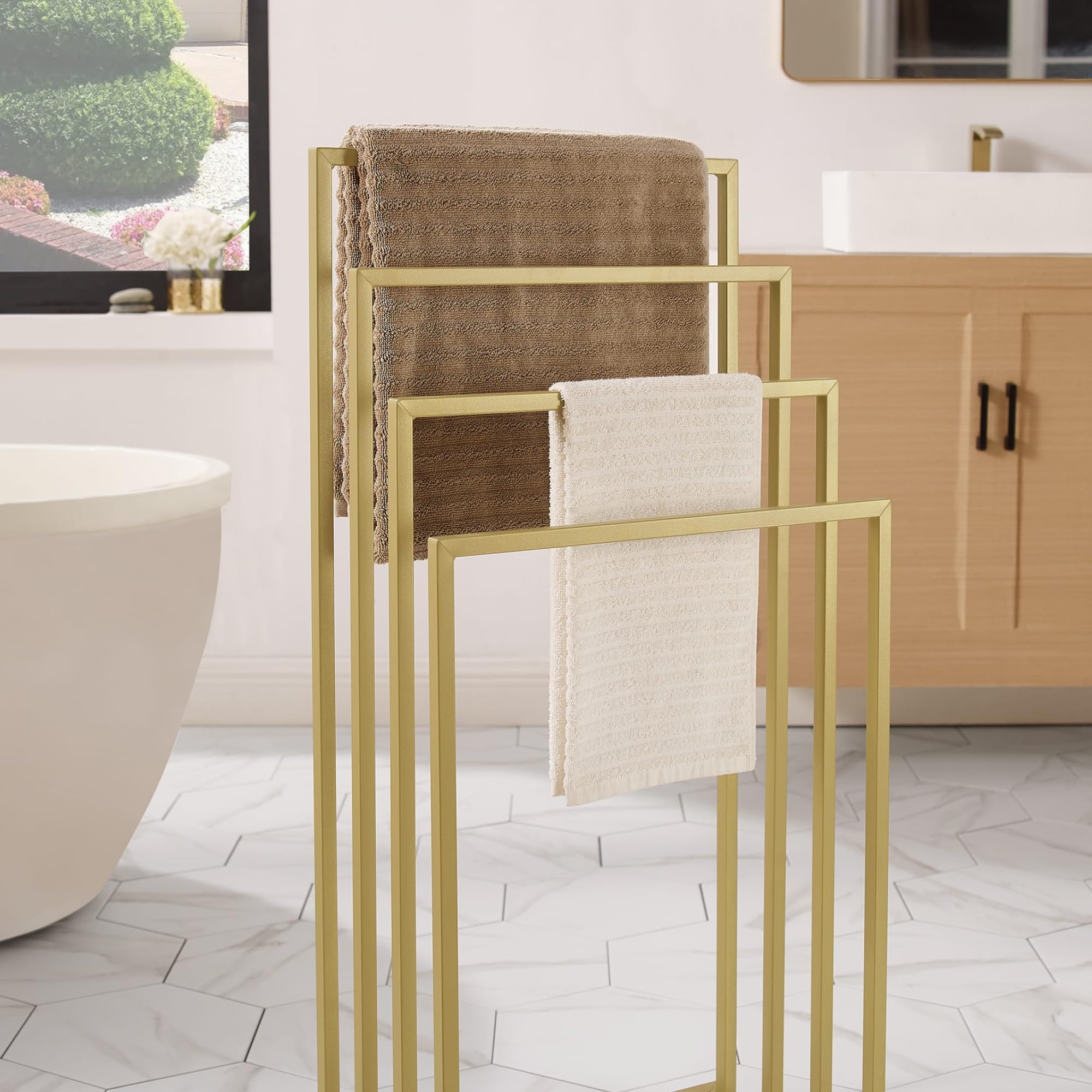 Toallero sin taladrar toallero de metal con 4 barras, toallero de pie, para baño o baño, 4 peldaños, de metal, dorado, 45 x 29 x 93,5 cm (ancho x profundidad x alto)