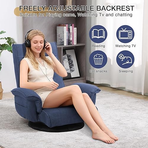 Miniatura 3 de Silla ergonómica de tela de lino, sofá cama reclinable de 6 posiciones con soporte lumbar, tumbona plegable con cojín grueso, reposabrazos y