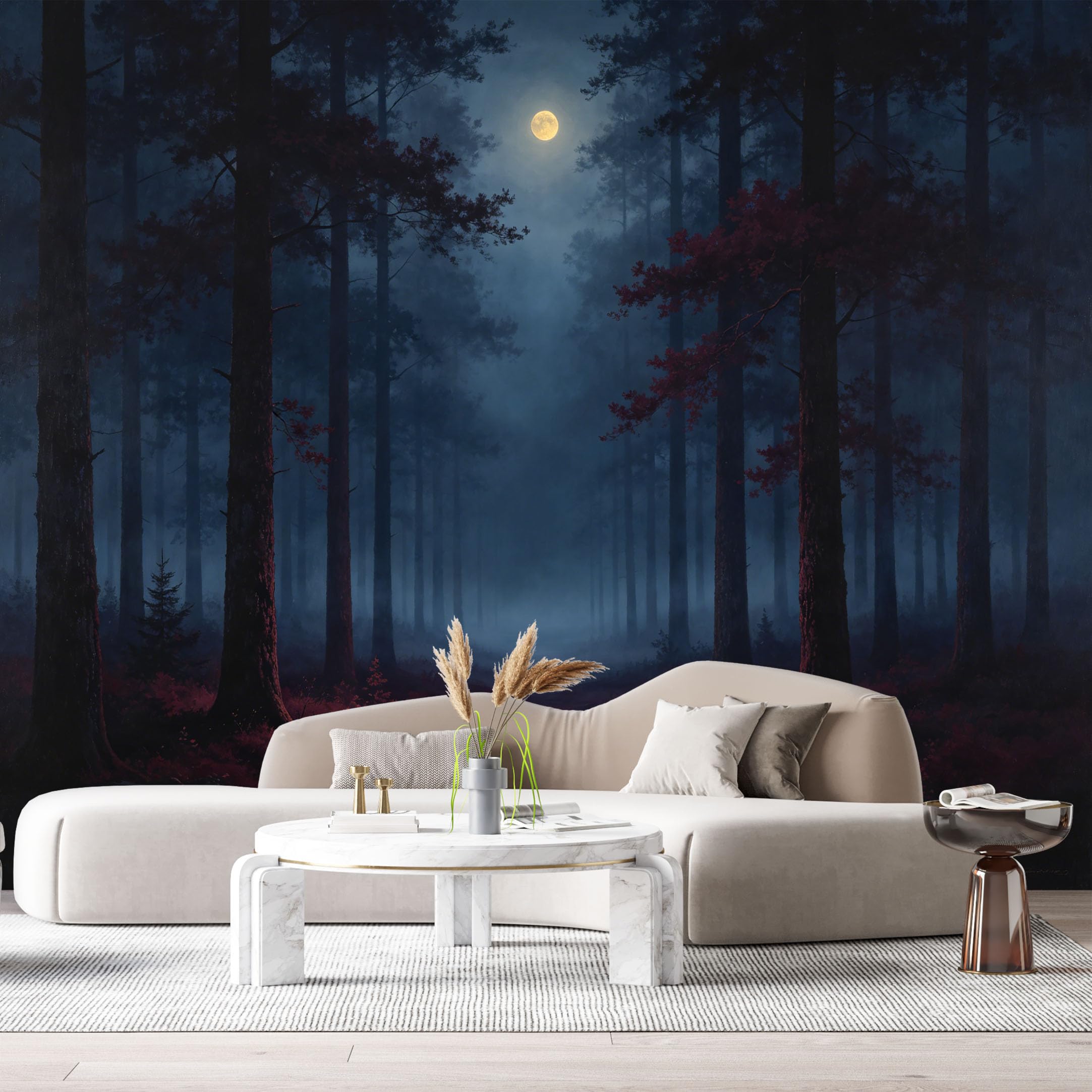 Custom Size Wall Murals Moonlit Forest Landscape Night Trees Mist Path Oil Painting SelfAdhesive Wall Fabric Removable Large Wallpaper for Photo Living Room