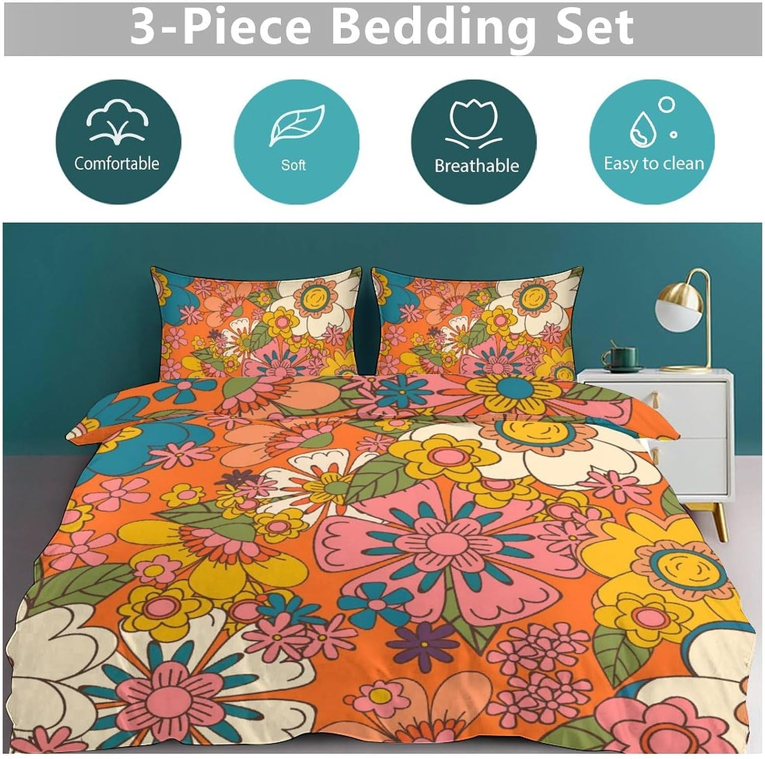 70s Hippie Flowers Bedding Set,Boho Cute Rainbow Floral Bed Sets for Girls Women Bedroom Decor Retro 70s Theme Duvet Cover 2 Pillowcase,Twin 86"x70"