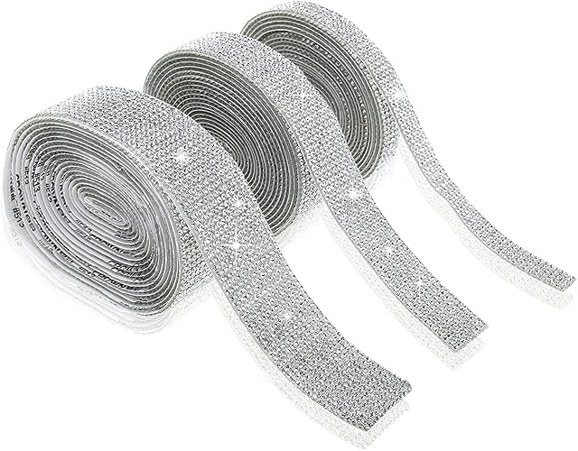3 Rolls 3 Yards Crystal Rhinestone Ribbon, Self-Adhesive DIY Bling Diamond Ribbon Stickers with 2 mm Rhinestones for Party Arts Crafts Phone Car Decoration Silver (4/8/12 Rows)