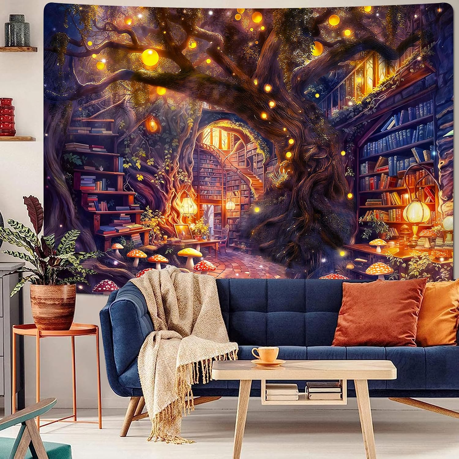 F-FUN SOUL Forest Library Tapestry 100x90inches Fairy Tale Wall Hanging Fantasy Tapestry Bookshelf Tapestries for Bedroom Living Room Home Office Decor, Purple