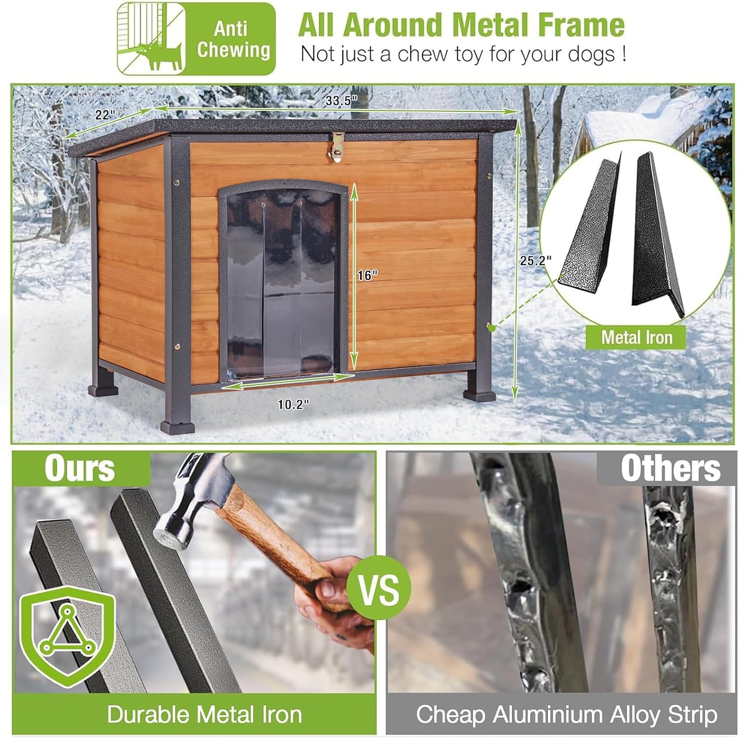 Chew Proof Dog House with Metal Frame Outdoor Kennel Indoor Cage 33.5" L Brown