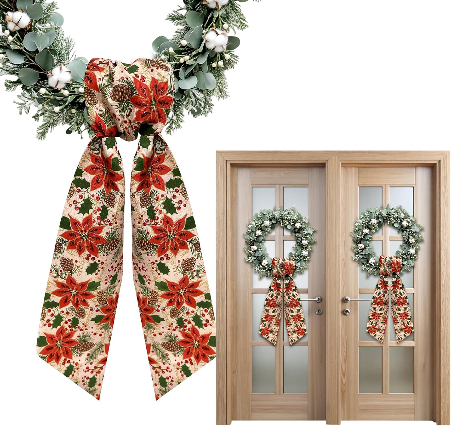2 Pieces Christmas Wreath Sash for Front Door, Reindeer Trees Burlap Ribbon Sash Holiday Wreath Accessories for Christmas New Year Decorations