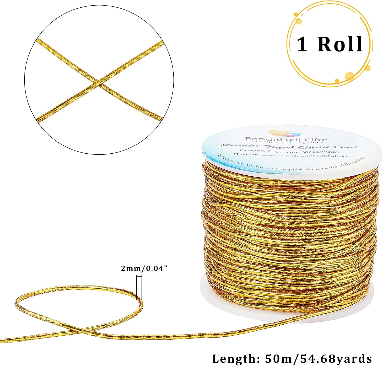 PH PandaHall 2mm Metallic Thread Cord 54 Yard Gold Rope String Metallic Tinsel Elastic Cord Ribbon Stretch Cord Wrap Thread Cord for Christmas Ornament Hanging Decoration Jewelry Making Gift Wrapping