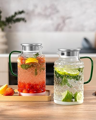 Miniatura 7 de Paquete de 2 jarras de vidrio con tapa, jarra de agua de vidrio vintage de 64 onzas1.8 litros, antideslizante y fácil de limpiar, jarra de agua para