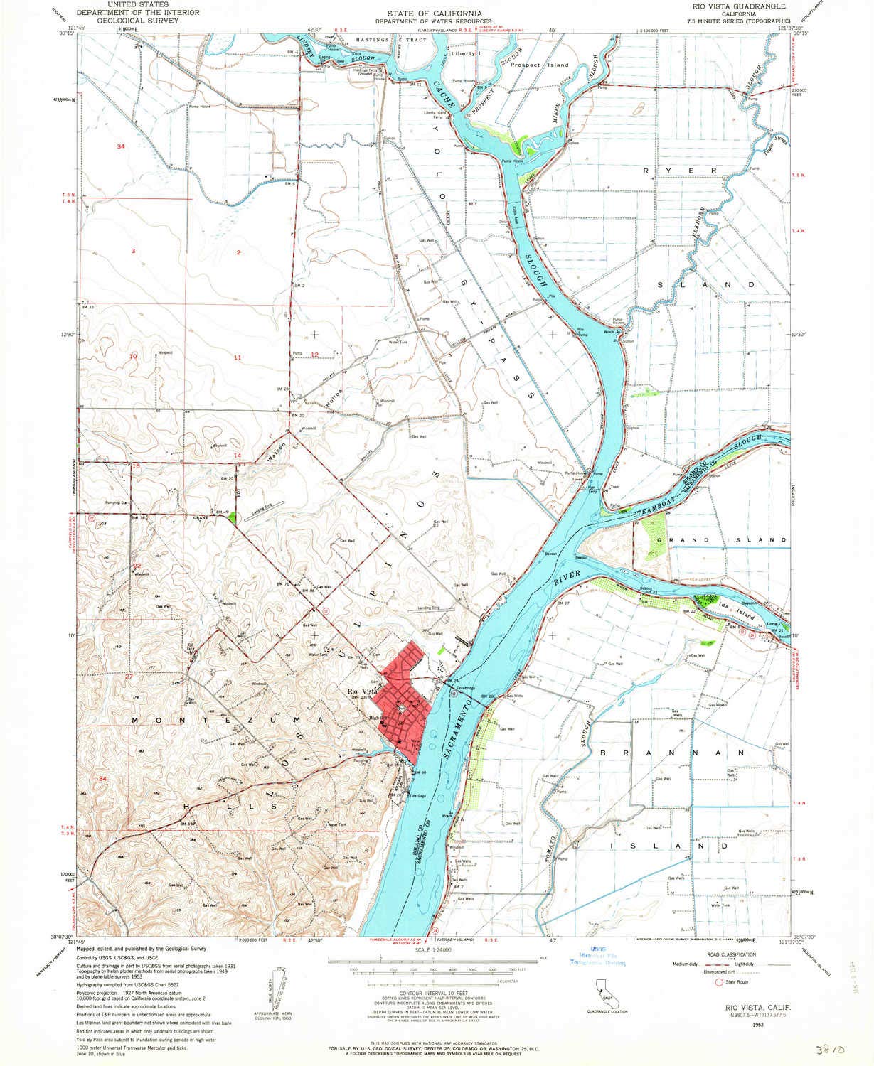 YellowMaps Rio Vista CA topo map, 1:24000 Scale, 7.5 X 7.5 Minute, Historical, 1953, Updated 1964, 26.9 x 22 in - Tyvek