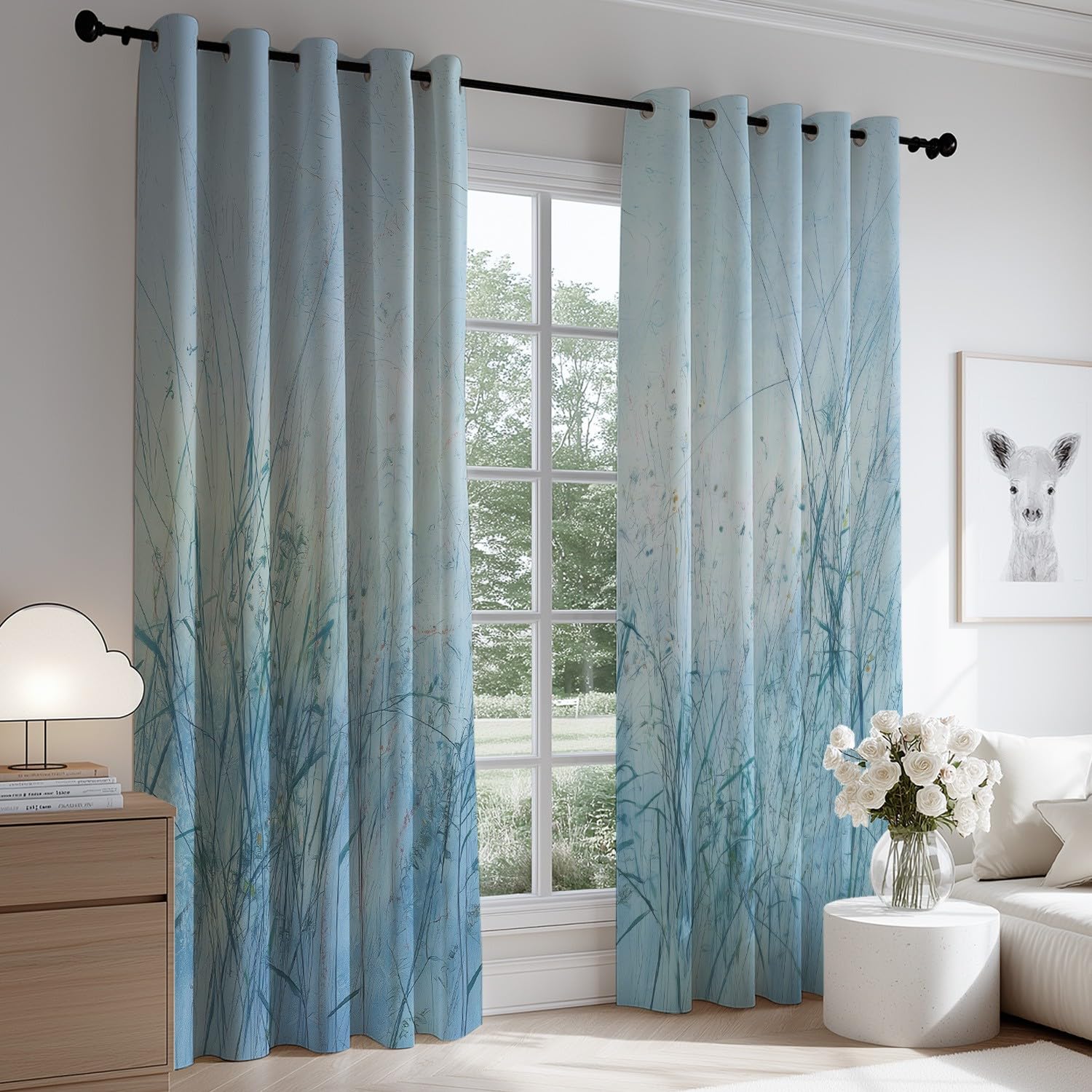 Generisch Vorhänge Blickdicht 2er Set 245 x 175 cm - Knitterfrei Gardinen vorhänge Frisch Pflanzen Gras Blau Extra Breit mit Geräuschminderung mit Ösen für Schlafzimmer und Wohnzimmer