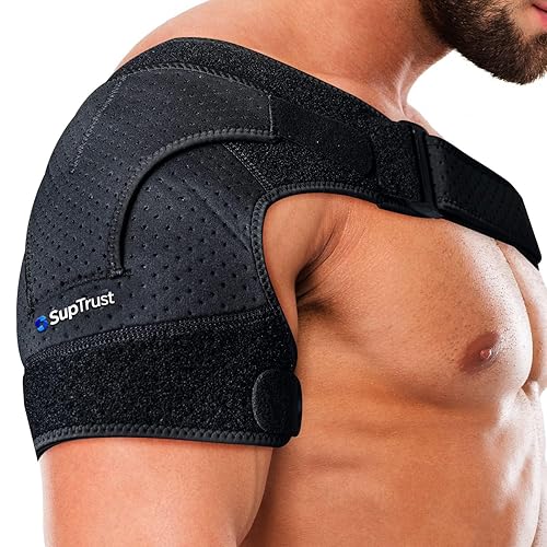 Suptrust Soporte de hombro para hombres y mujeres: envoltura de hombro ajustable para aliviar el dolor, articulación AC, puño rotador rotador,